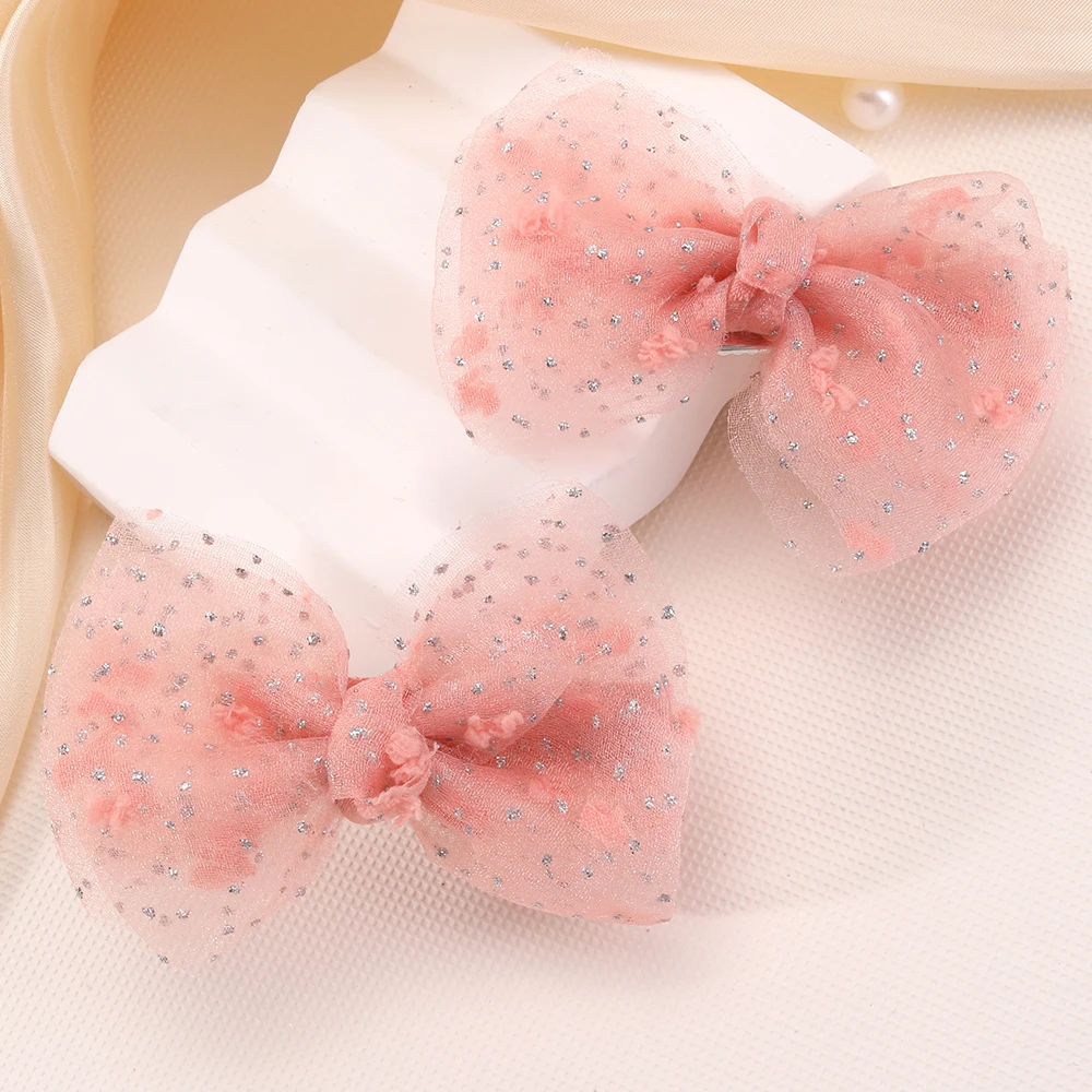 2PC Girls Pink Tulle Bow Decorative Hair Clips Hair Accessories Hairbows for Girls Kids Headwear Hair Pins