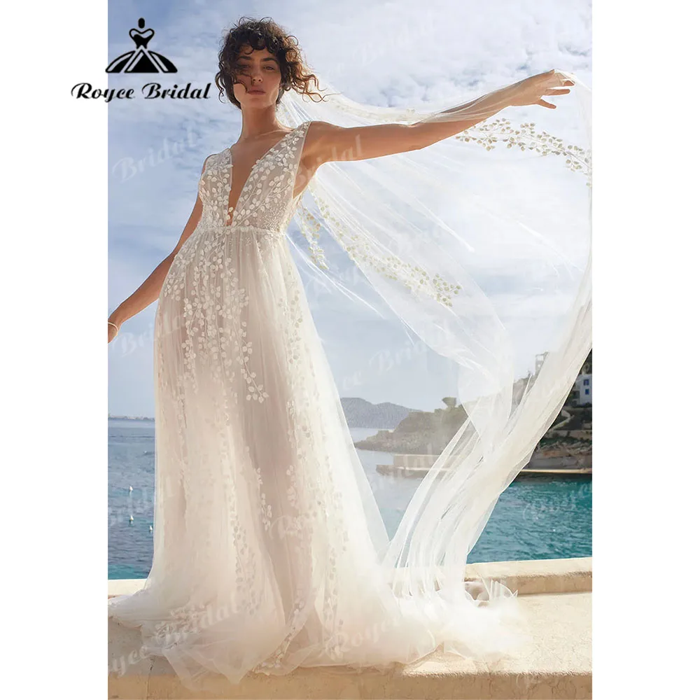 Modest Boho Beach Deep V Neck Lace Appliques Backless Elopement Wedding Dress for Women 2024 A Line Bridal Gown Custom Made