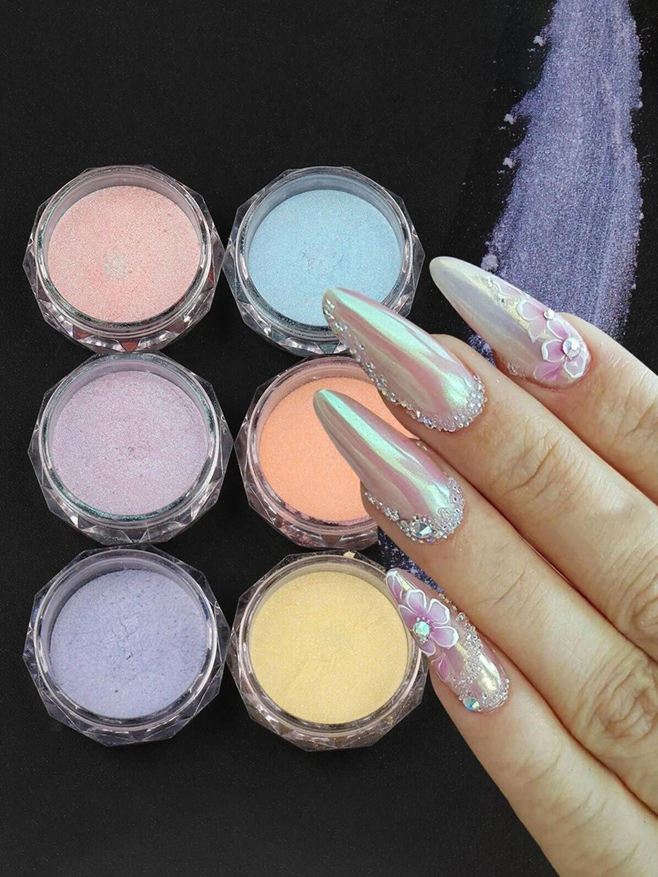 6 stuks Auroras nagelpoeder metallic spiegeleffect holografisch kameleonpigment voor nail art gel polish zeemeermin dompelen