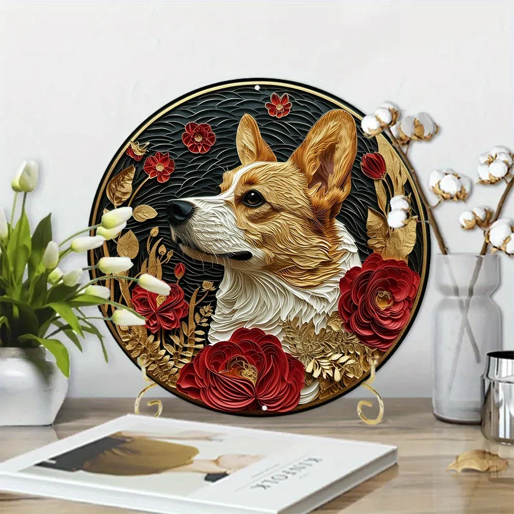 1pc 8x8 Inch Spring Round Aluminum Sign Faux Foil Stamping Papercut Art Painting Round Wreath Decorative Sign Apartment Decor