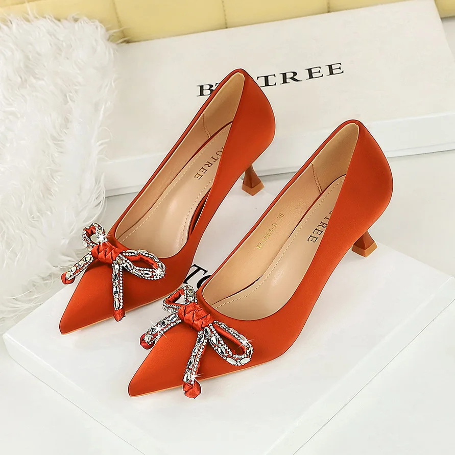 BIGTREE حجر الراين القوس عالية الكعب الرقص حفلة المرأة مضخات خنجر 5-10 سنتيمتر الأسود الشمبانيا أنيقة سيدة أحذية بكعب حجم 43 #5