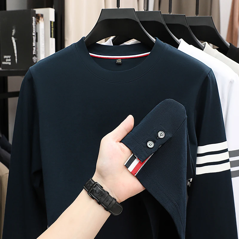 Original Design Man Long-Sleeved T-Shirt Round Neck Stripe Moisture-Wicking Breathable Autumn New T-Shirt Fashion Men's Clothing