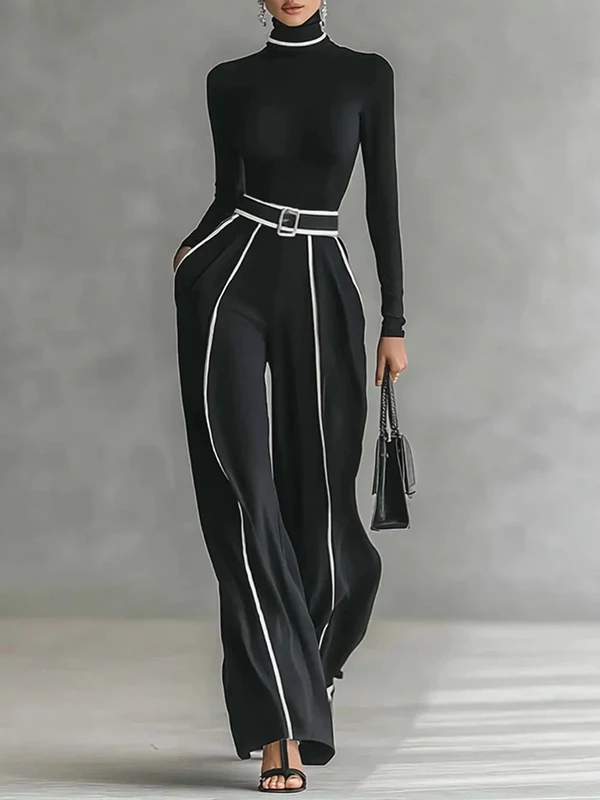 Freeacy Women Black White Contrast Piping Wide Leg Pants High Waist Pleated Trousers 2026 Loose Floor Length Casual Pants view 6