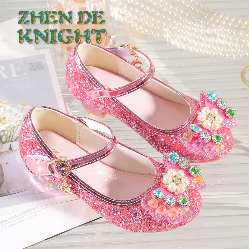 

2025 Fashion Glitter Butterfly Knot Girls High Heels Sandals Children Party Dance Shoes Student Shoes New Kids Leather Shoes