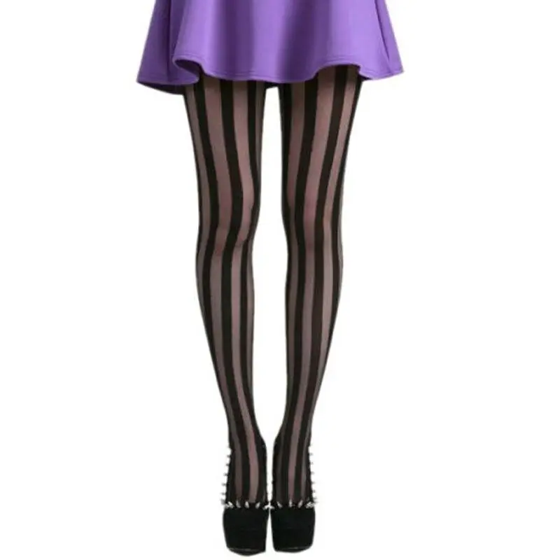 Victorian Lolita Gothic Women Girl Punk Tights Pantyhose Vertical Stripe Stockings Black image 3