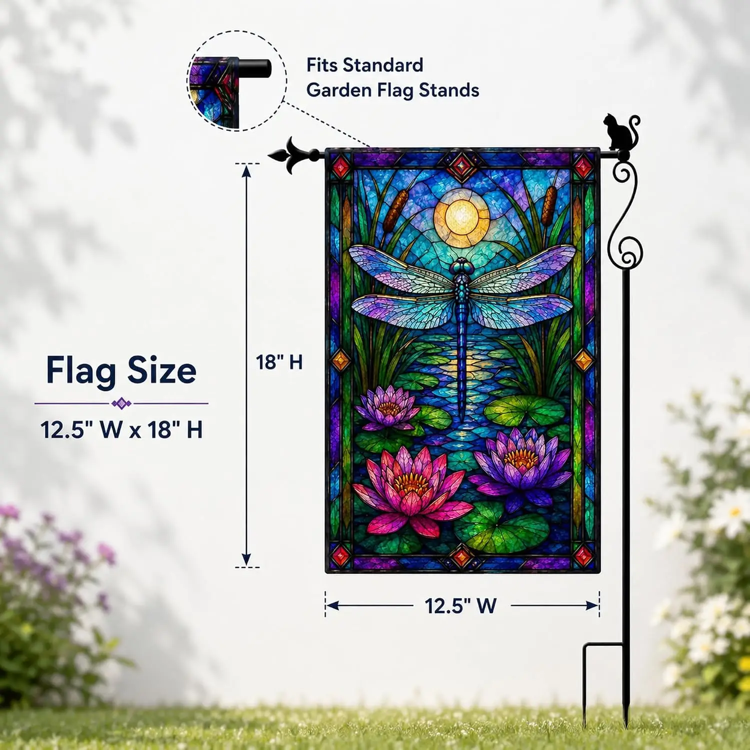 Stained Glass Dragonfly Lotus Pond Garden Flag, Double Sided 12 x 18 Inch Burlap Outdoor Yard Flag for Porch Patio Lawn Deco llp