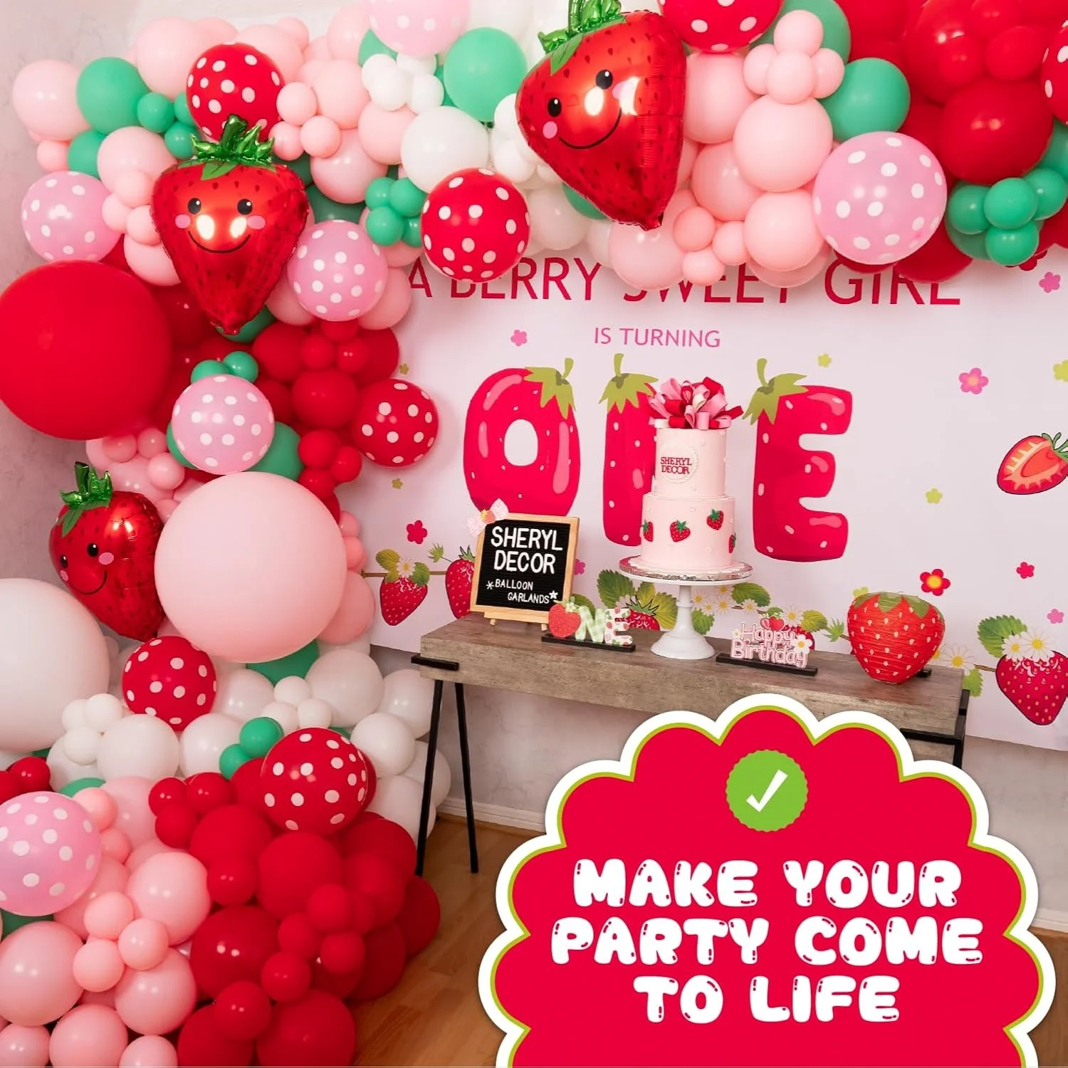 Strawberry Balloon Arch Kit and Garland Comes with Strawberry – Small and Large Red Pink Green Strawberry Balloon – Strawberry Cake Party Decoration
