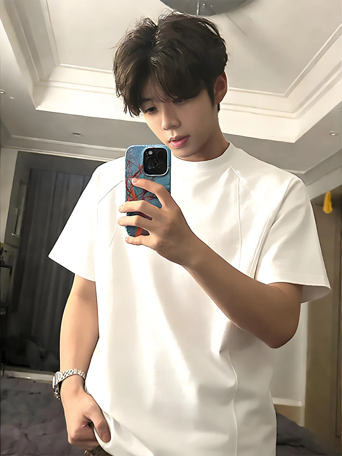 Cleanfit White Heavyweight Short Sleeve Men's T-Shirt Summer Ribbed Patchwork Shoulder American Style Five-Quarter Sleeve