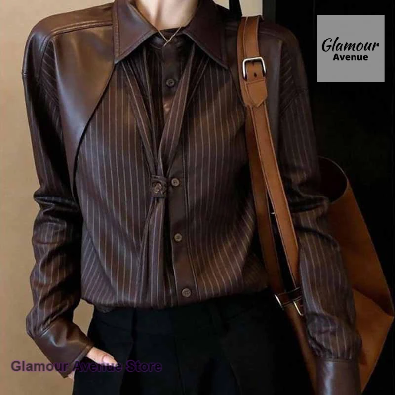 French personality coffee color shirt leather stitching shirt women's spring and autumn new retro lapel long-sleeved loose top