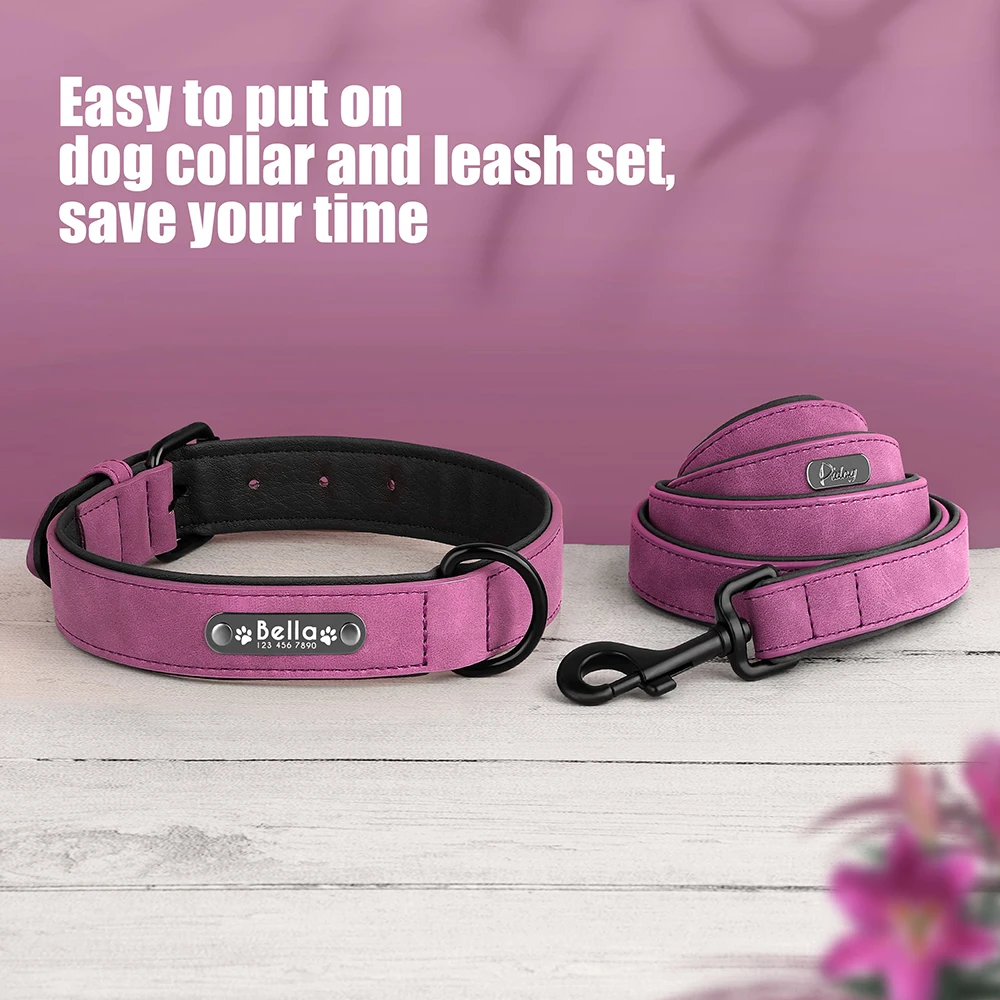 Personalisiertes PU-Leder-Hundehalsband-Leinen-Set, weich gepolsterte Hundehalsbänder, gravierte Haustier-ID-Halskette mit Leine für kleine große Hunde, Mops – Detail 18