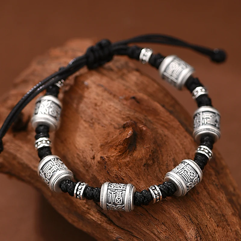 ZABRA 999 Pure Silver Lucky Character Transfer Bead Bracelet for Men, New Chinese Style Bead String Bracelet