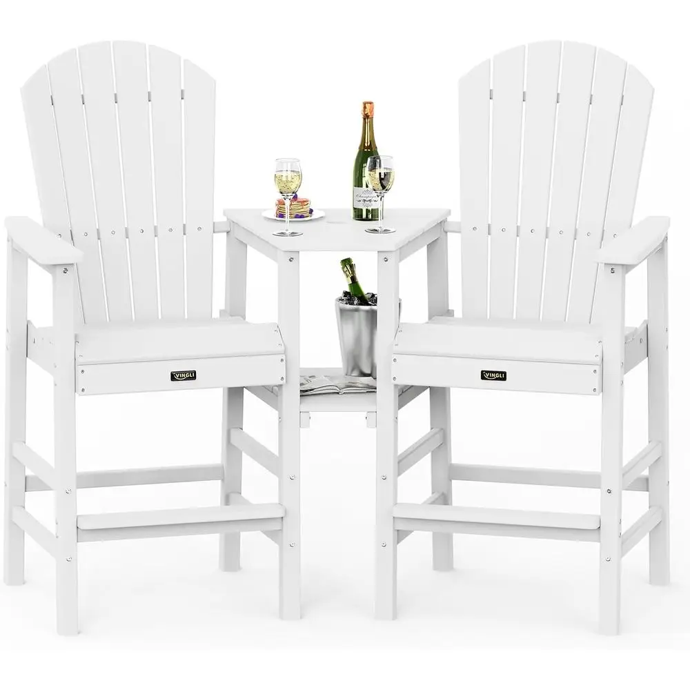 

Set of 2 Tall Outdoor Bar Stools with Dual Trays, Weather-Resistant HDPE Chairs for Patio, Poolside, and Balcony (White)