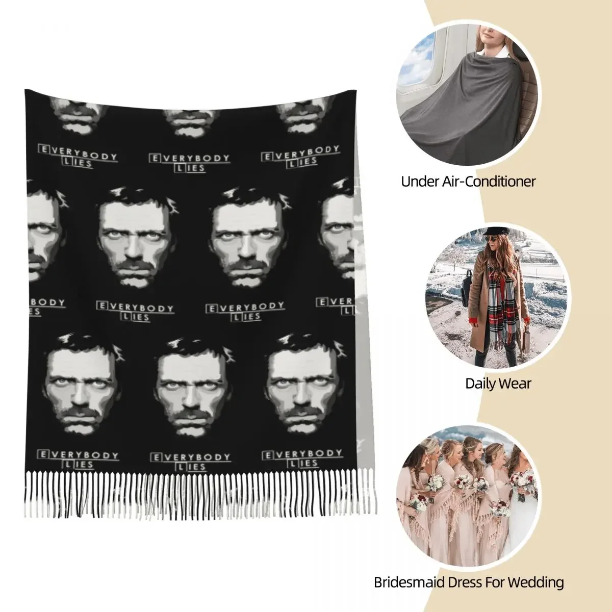 House MD الجميع يكذب وشاح شرابة الأوشحة للنساء شالات دافئة ناعمة ويلتف طويل الخريف الشتاء شال التفاف #3