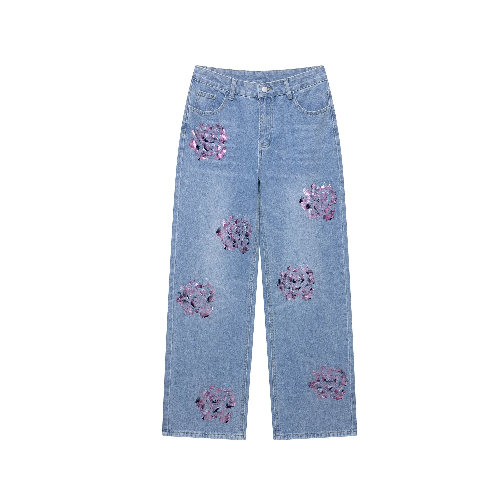 

New Summer Women's Clothing Casual Simple Fashion Versatile Comfortable Rhinestones Mid-waist Loose Jeans