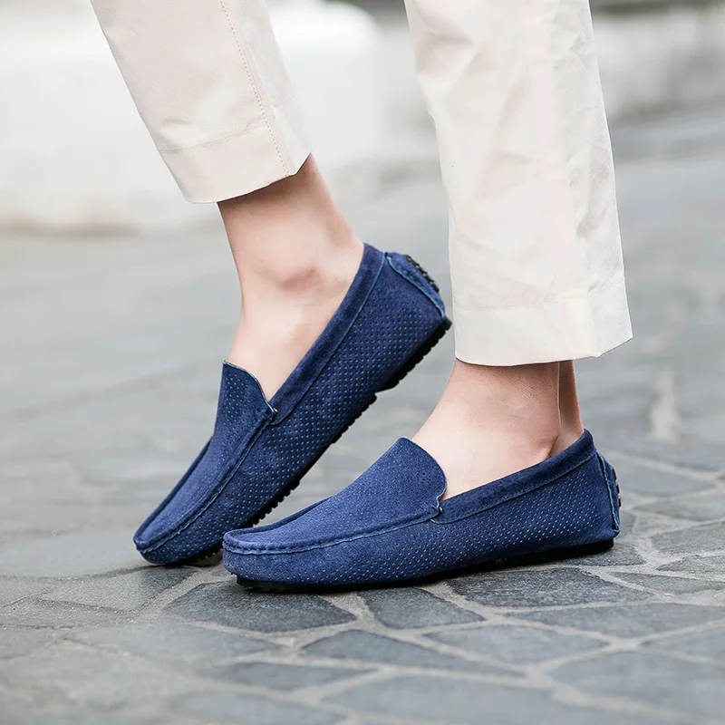 Blue Genuine Leather Men Loafers Shoes Casual Slip On Designer Breathable Moccasins Italian Men Driving Shoes Loafers Mannen