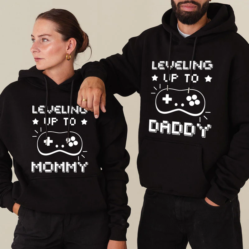 Matching Couples Sweatshirt Hoodie Leveling Up To Daddy Mommy Graphic Hoodies Baby Reveal Pregnancy Announcement Couples Hoodie