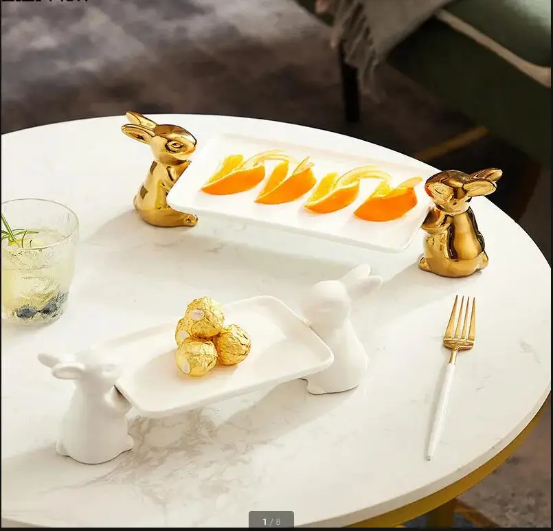 

Десертная тарелка с кроликом, керамическая тарелка с фруктами для гостиной, поднос для хранения закусок и конфет, украшение для дома, посуда для торта