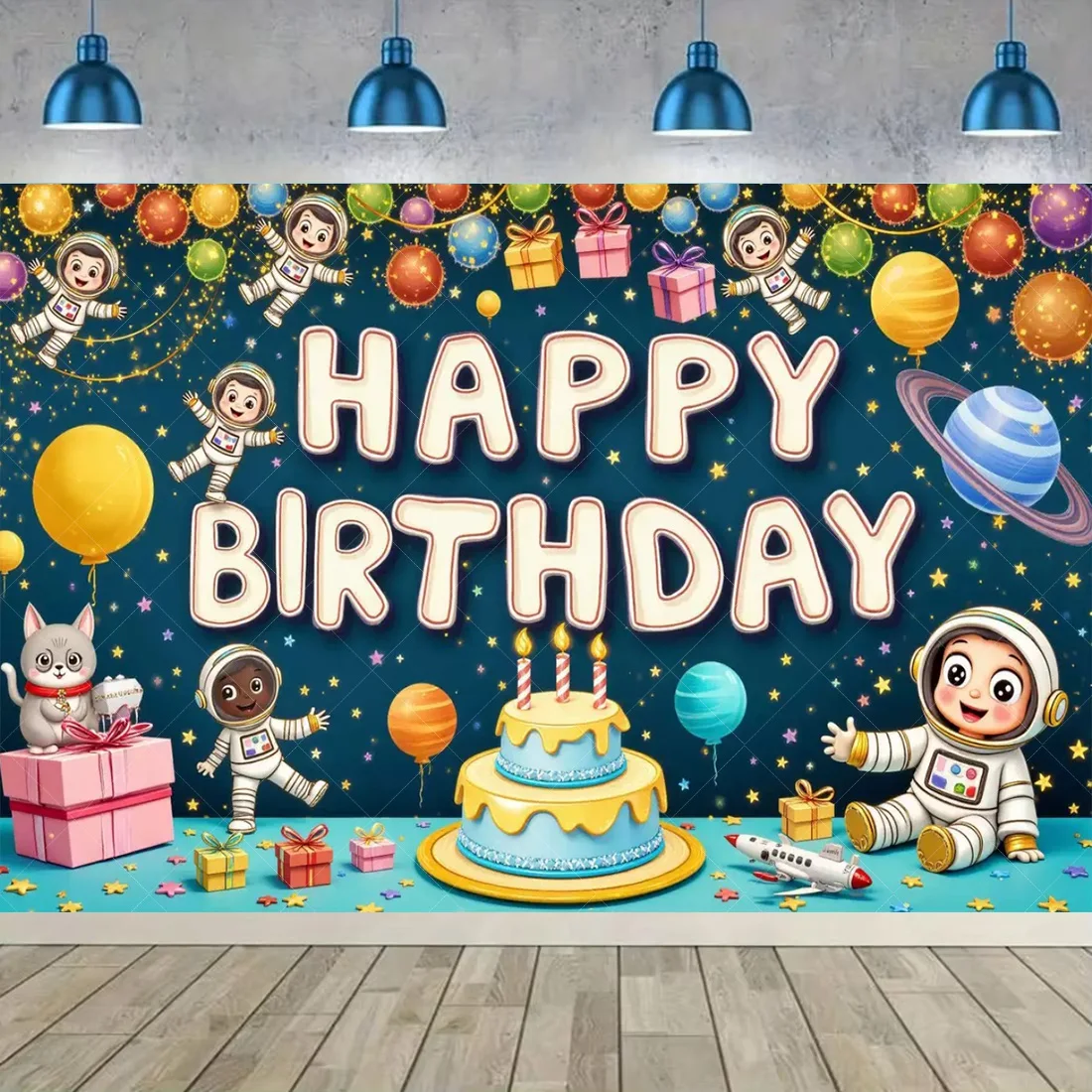 

Cartoon Astronaut Outer Space Planet Background Cloth Decoration Children's Birthday Party Baby Shower Banner Photography Props