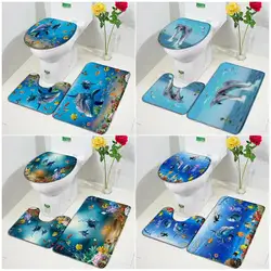 Funny Dolphin Bath Mat Set Sea Turtle Fish Animal Underwater Scenery Children Bathroom Decor Carpet Non-Slip Rug Toilet Lid Mats