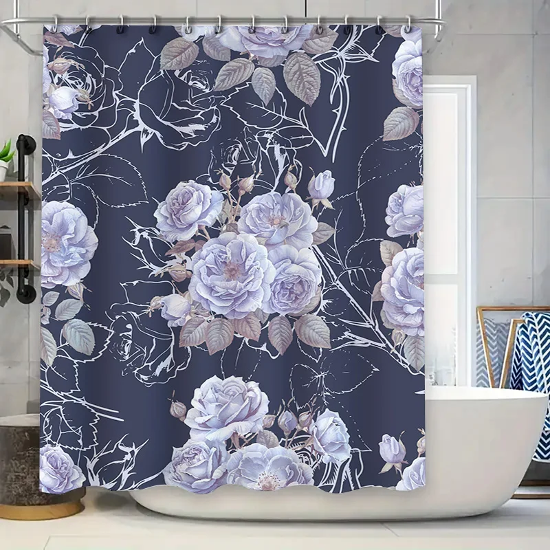 Roses Shower Curtain Fabric Bath Mat Waterproof Home Decor Bathroom Accessory Violet Floral Print, Non-Slip Rug for Tub or Sink