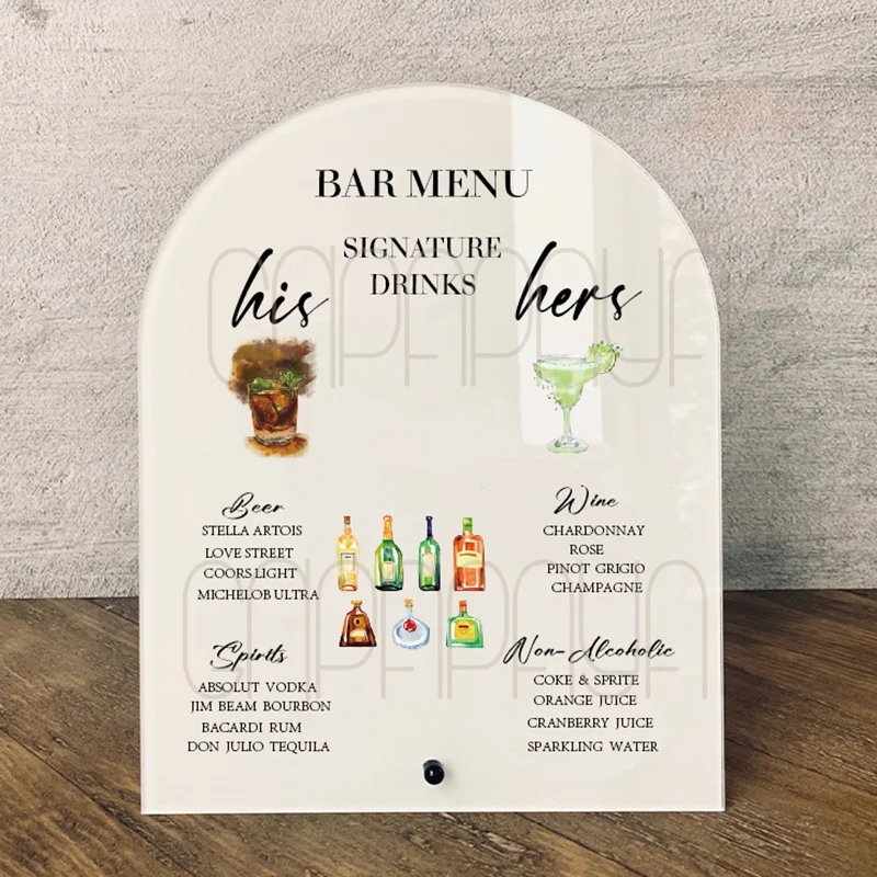 Custom frost Acrylic Wedding Sign His and Hers Drink Sign Party Name Signature Table Top Menu Stand Cocktails Bar Menu Signature