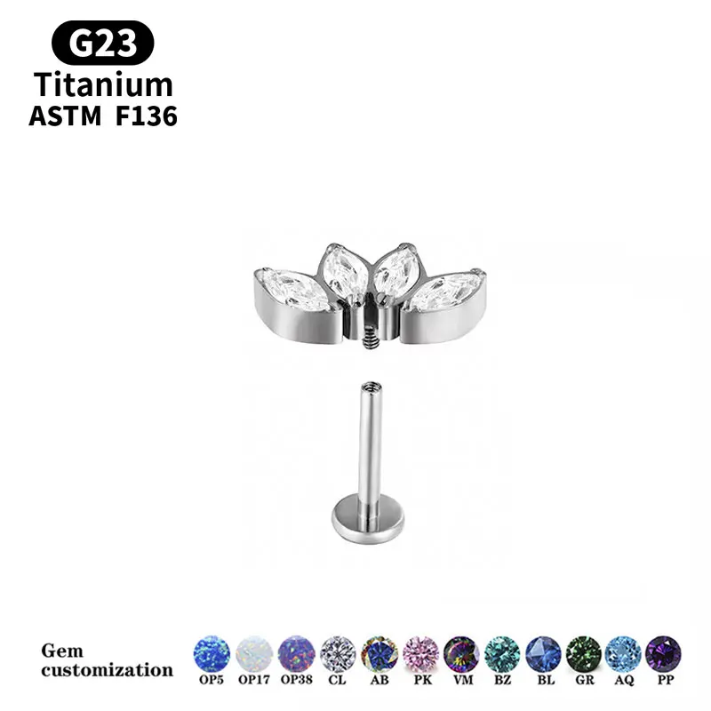 G23 F136 Titanium Alloy Pierced Earlobe Internal Thread CZ Labret Lip Ear Stick Cartilage Earrings Tragus Earrings Body Jewelry