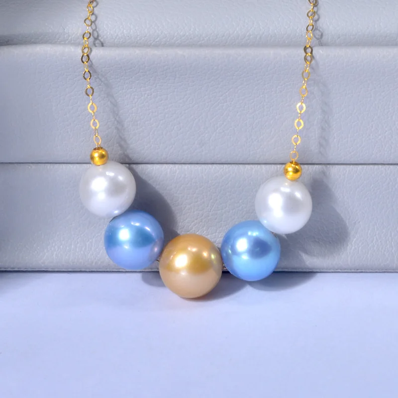

NYMPH Real 18K Gold Natural Pearl Necklace Pendant Au750 Fine Jewelry Golden Pearl Round Wedding Gift For Women D565