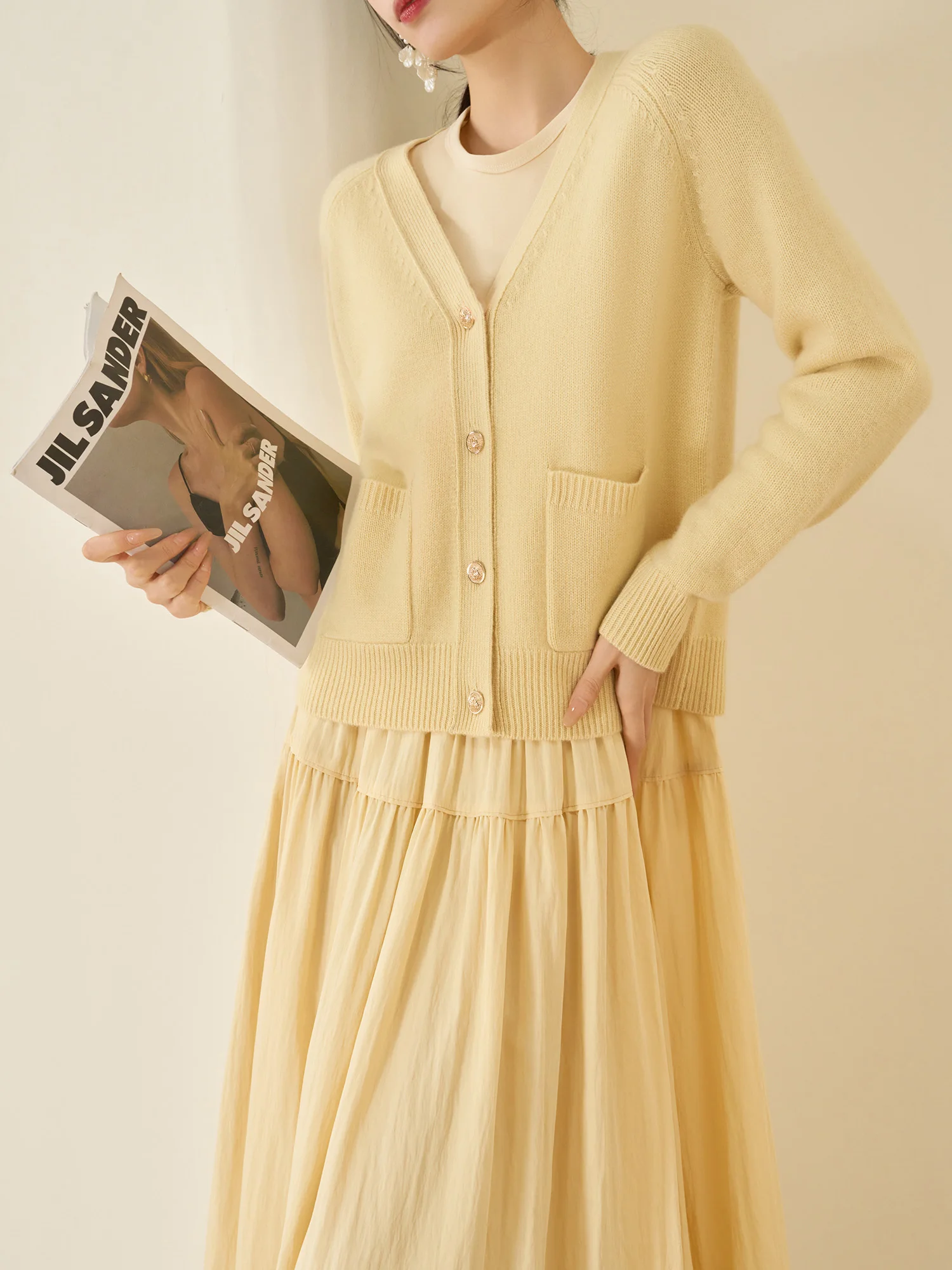 

Soft Yellow V-ne Knitted Open Cardigan Beautiful Unique Spring New Sle Flowing Era Women's Casual Wear Comfortable Long S...