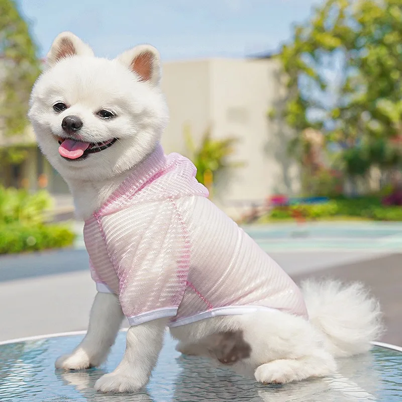 

Dog Sun Protection Clothes Small and Medium Dog Mesh Vest Pet Teddy Breathable Hoodie Solid Color Maltese Two Leg Clothes