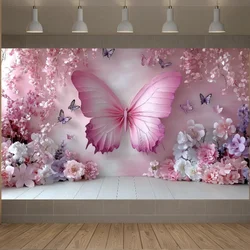 Butterflies Wall Backdrop Princess Photo Backdrop Wedding Pink Birthday Party Decoration for Photography Studio Flower Decors