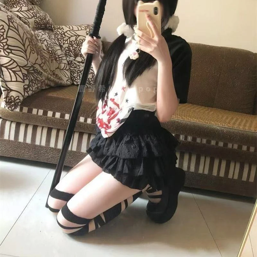 Women Mini Skirt Lolita Black Skort Tiered Ruffled Lace Trim Mini Skirt Built-in Shorts Shoujo Girl Coquette Balletcore Summer