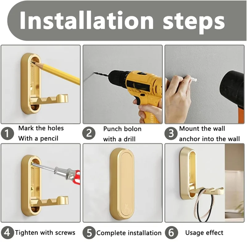 

ABBO-2PCS Gold Foldable Wall Hooks Metal Folding Hooks Wall Mount For Bathroom For Kitchen, Bedroom - Space-Saving, For Towels