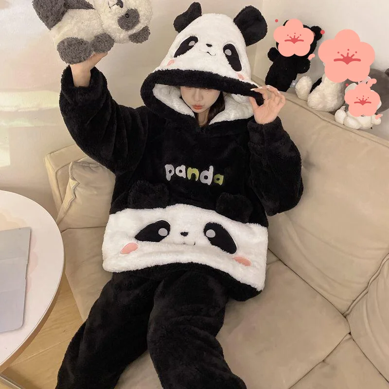 

Women's Pajamas Sleepwear Thick Flannel Home Suit Set Autumn Winter Cotton Pajama Homewear Internet Celebrity Style Customizable