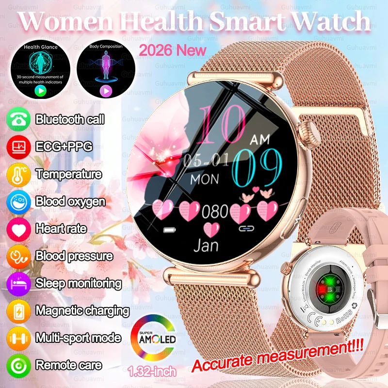 

1,32-дюймовые умные часы AMOLED для здоровья, женские ЭКГ, микрофизический экзамен, BMI, жир в теле, пульс, кровяное давление, спортивные умные часы