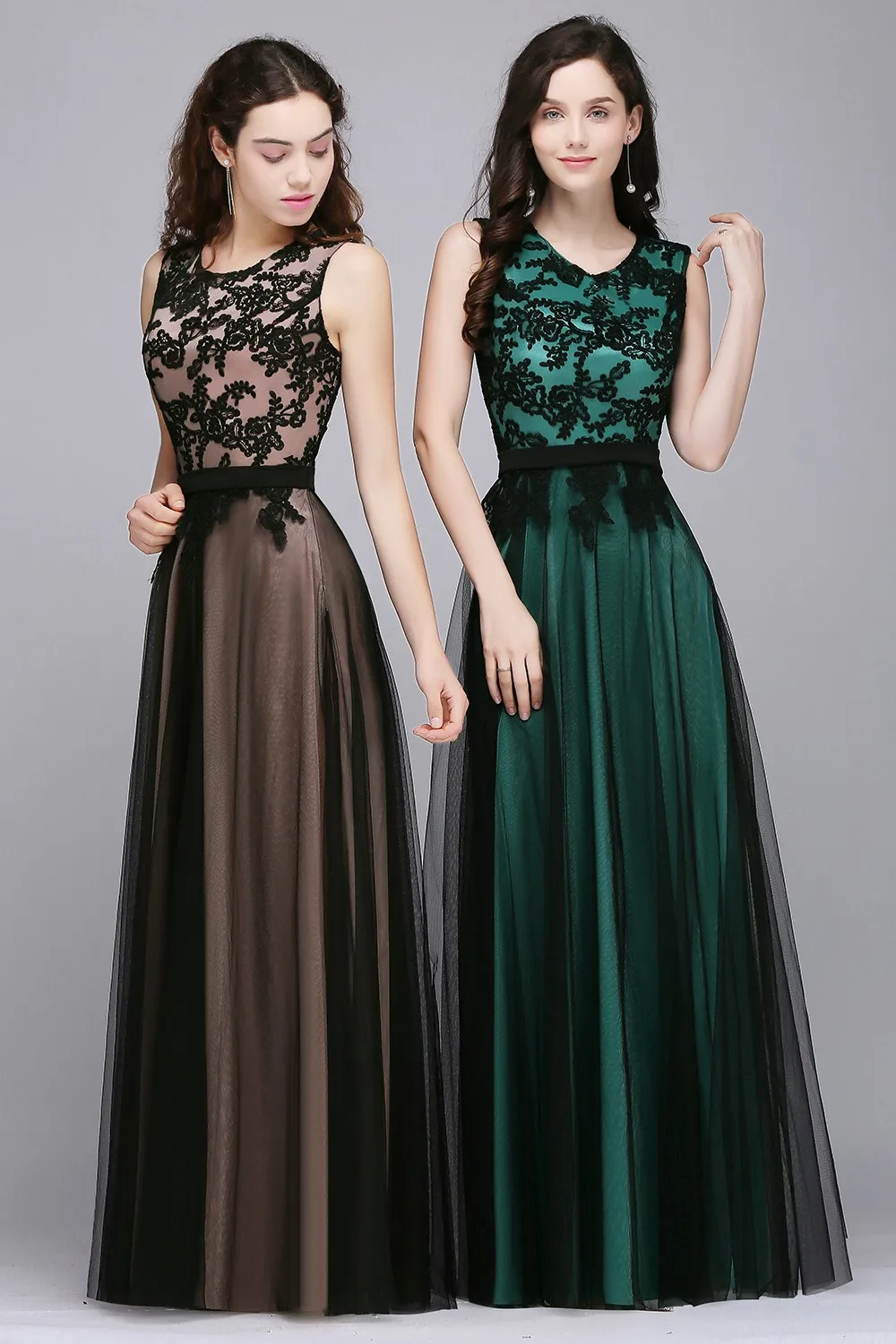 Elegant Black Lace Red Evening Dresses Long Appliques Chiffon With Sashes Pink Green Burgundy Formal Prom Gown Vestido de Fiesta