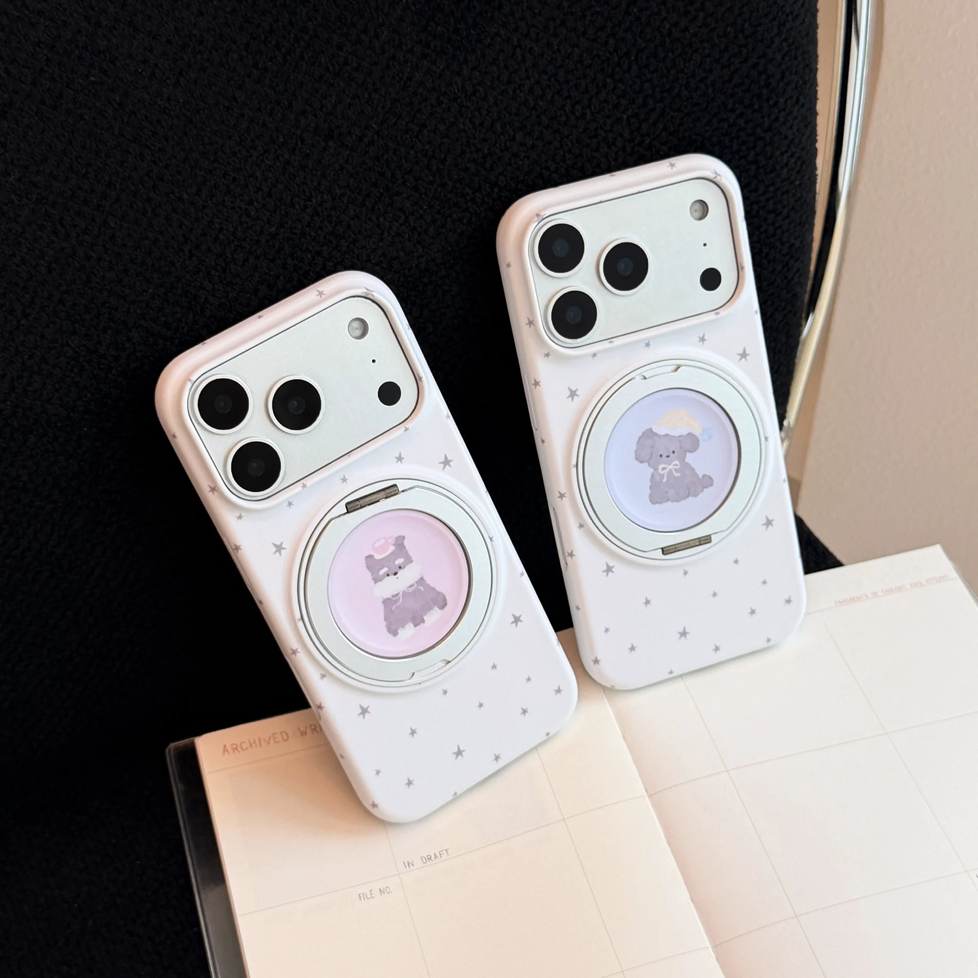 Cute Purple Pink Puppy Star Pattern White Matte Cover Case For iPhone 17 16 15 14 13 Pro Max with 360° Rotation Holder view 6