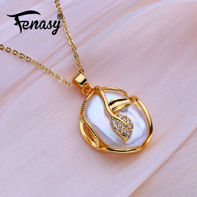 FENASY Natural Freshwater Big Baroque Pearl Necklaces For Women Fashion Gold Color Flower Pendant Birthday Gift Wholesale