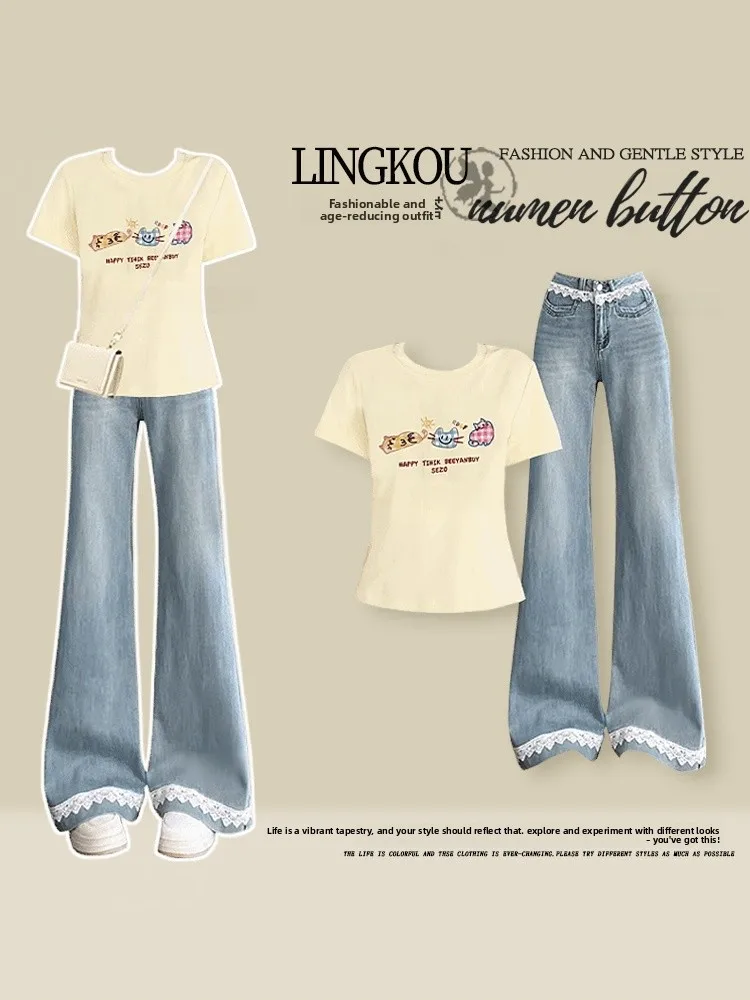 

Elegant plus Size Set Women Summer Youthful Sweet round Neck Casual T-Shirt with Lace Splicing Jeans Two-Piece Set Fashionable