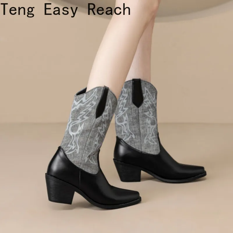 

Женские ковбойские сапоги с вышивкой в стиле ретро, зимние сапоги на массивном высоком каблуке с острым носком, женские коричневые ботинки из искусственной кожи в стиле вестерн Botas De Mujer