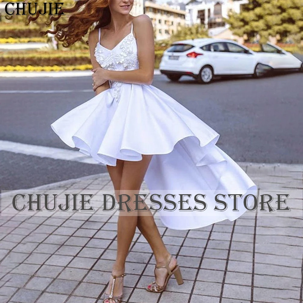 

Lace Applique White vestidos graduación adolescentes Mini Cocktail Dress HIgh Low Pleated Customized Wedding Evening Party Gowns