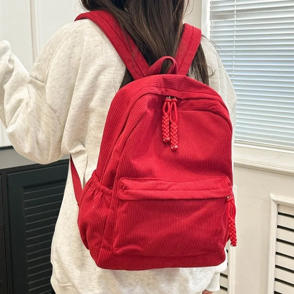 Lightweight Corduroy Backpack Large Capacity Solid Color Students School Bag Adjustable Shoulder Straps Japanese Style