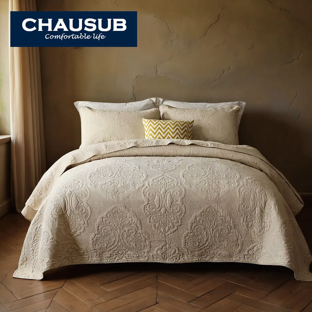 CHAUSUB 100% Cotton Embroidered Quilt Set 3PCS King Queen Size Summer Blanket Bedspread with Pillowcase Bed Coverlet