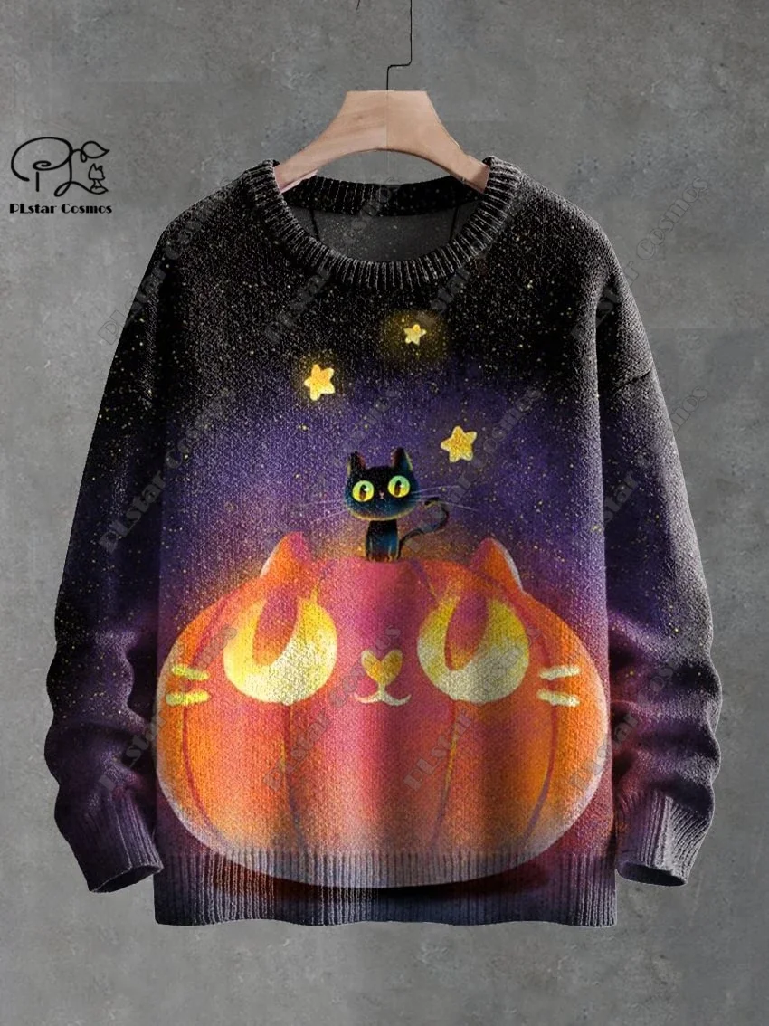 3D Printing Halloween Custom Series Horror Ghost Skull Witch Black Cat Pattern Ugly Sweater Street Casual Winter Sweatshirt W-8