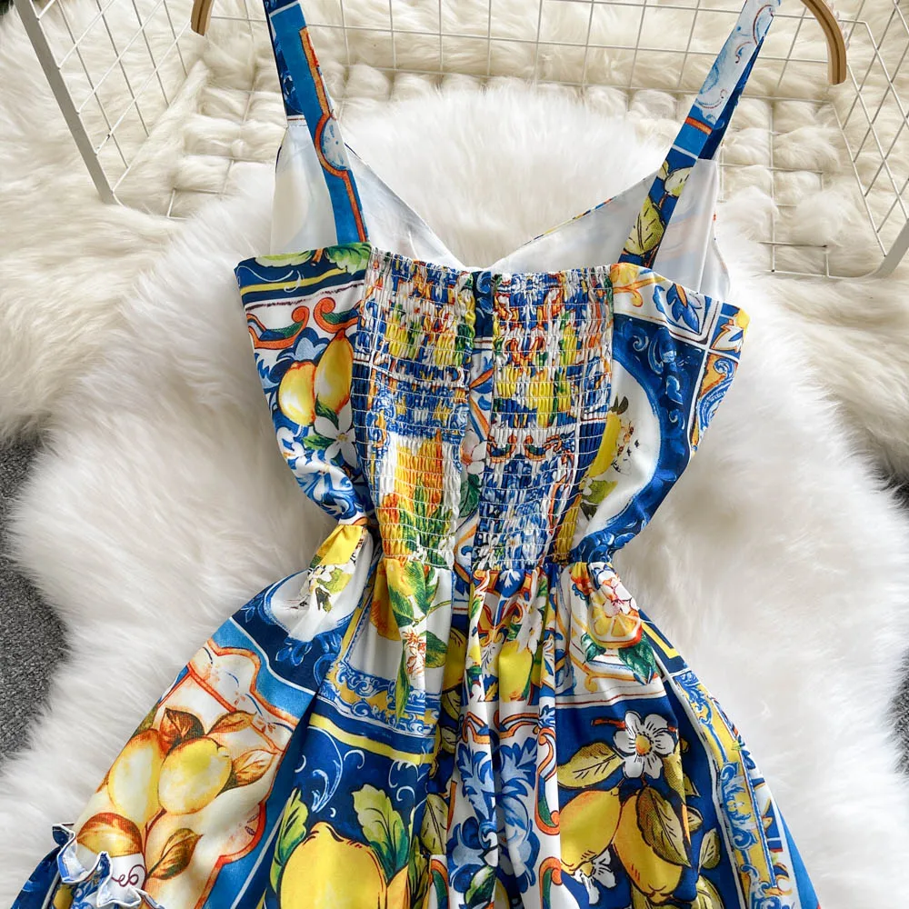 Summer New Tank Strap Designer Women Dress Elegant Bow Spaghetti Strap Backless Lemon Blue White Porcelain Female Long Dresses