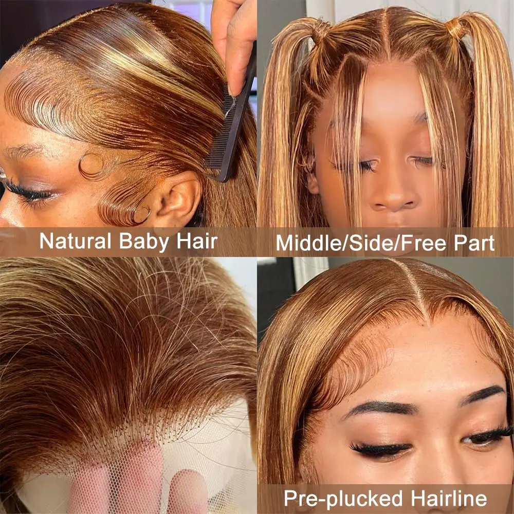 Peluca Frontal de encaje HD con resaltado recto de hueso 13x6, cabello humano de 40 y 30 pulgadas, peluca de color marrón ombré, cabello brasileño P4/27 rubio miel