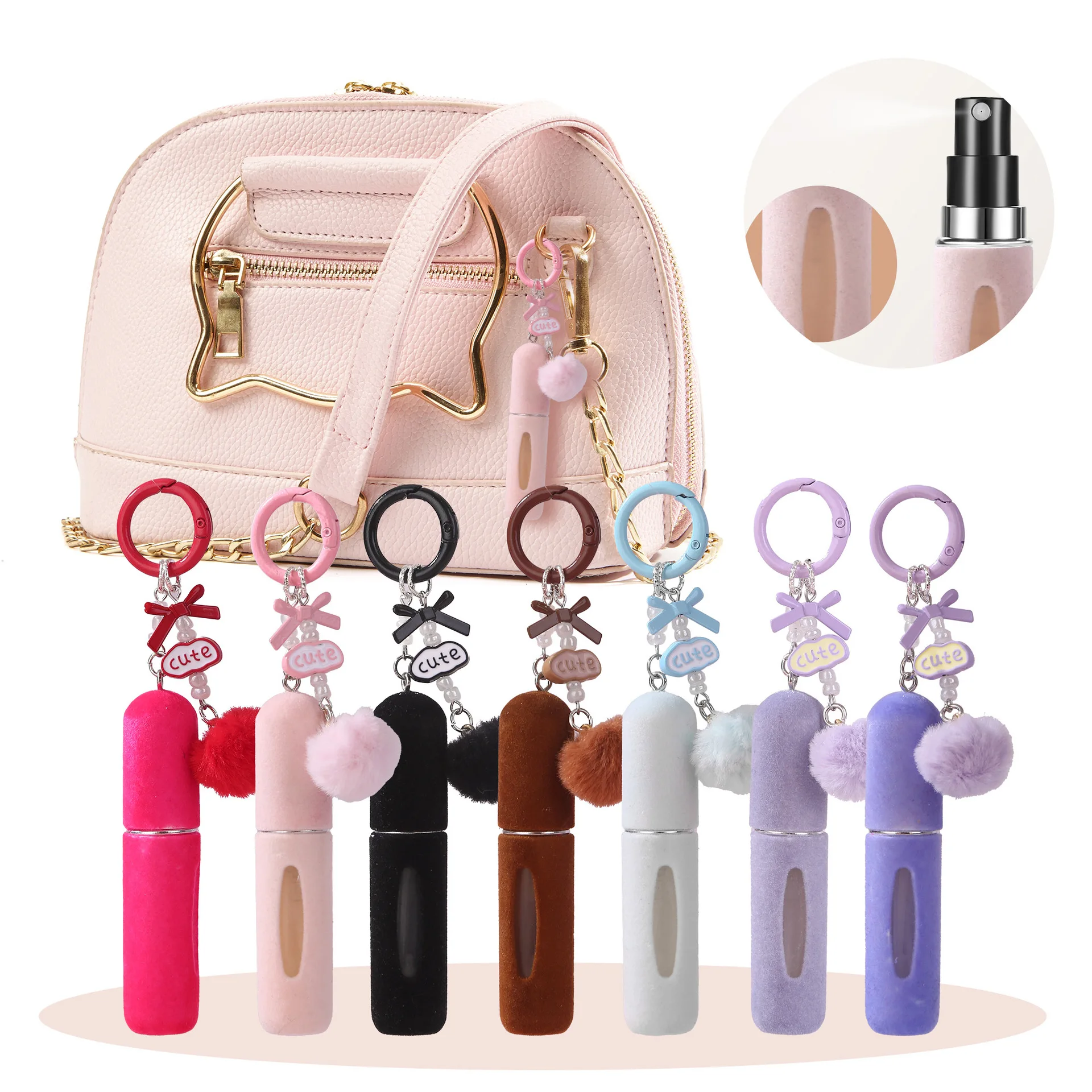 Novo Chaveiro de Pelúcia com Frasco de Perfume de 5ML, Portátil para Viagem, Recarregável com Carregador Inferior