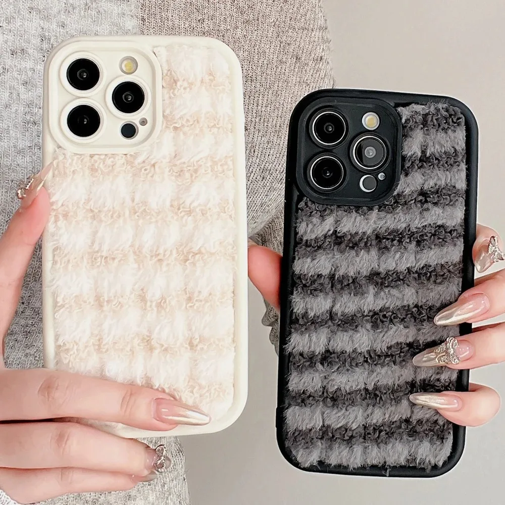 Winter 3D plaid velour phone case for iPhone 17 16 15 14 13 12 11 XR Pro Max Plus cute plush soft protective cover