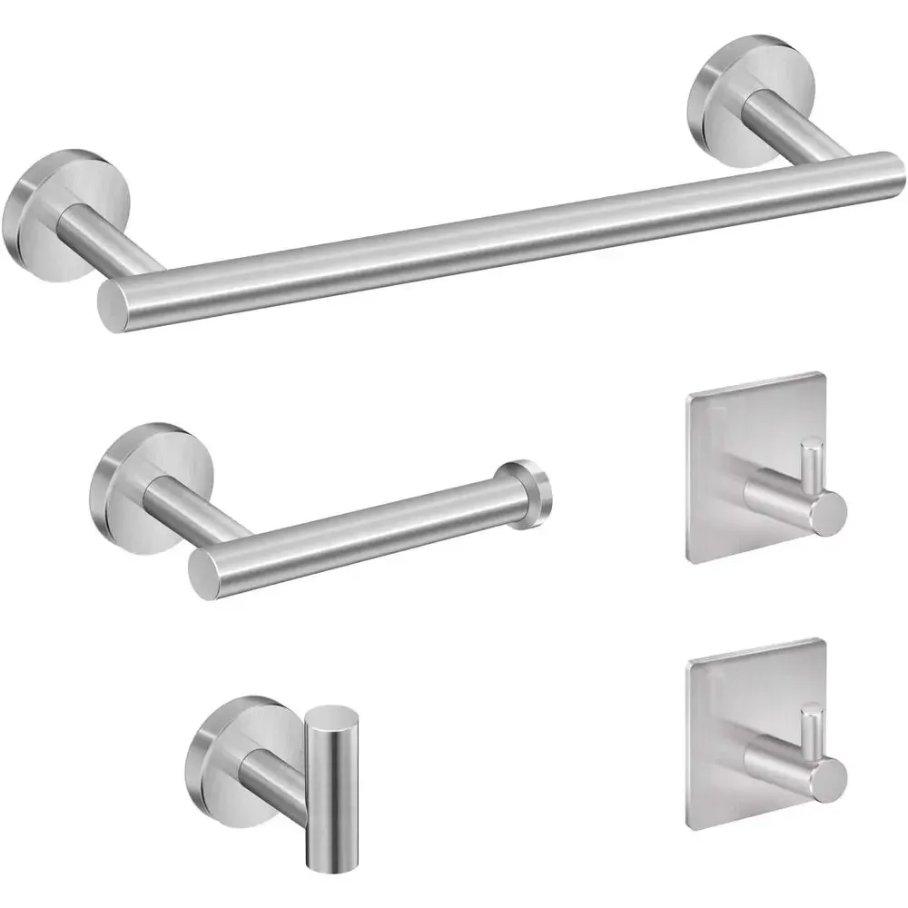 

5-Piece Brushed Nickel Wall-Mounted Bathroom Hardware Set with Towel Bar, Toilet Paper Holder, and Robe Hooks