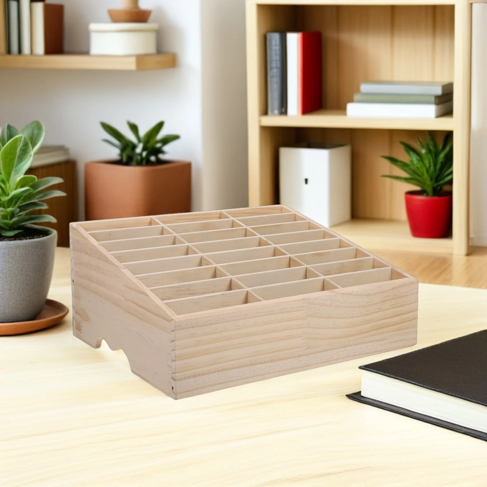 

24 Grid Wood Organizer Box - Heavy Duty Desktop Phone Holder for Office School - Multi-Compartment Cell Phone Storage Case -