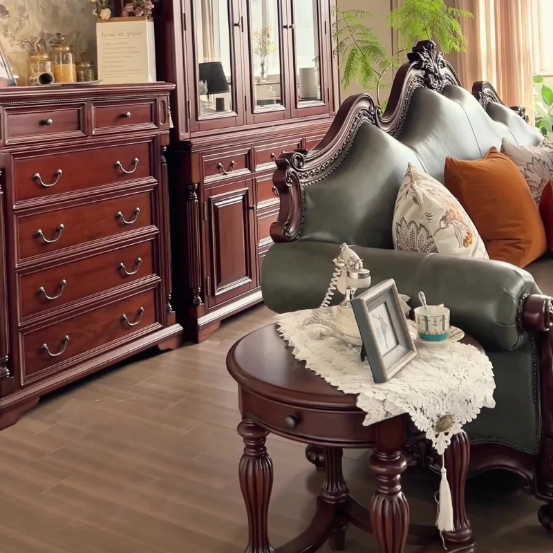 Neoclassical solid wood retro first-layer cowhide sofa, living room villa furniture